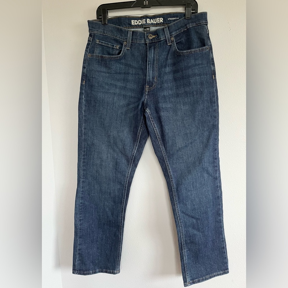 Eddie Bauer Men's Straight Fit Dark Wash Blue Jeans Cotton Stretch 32x29